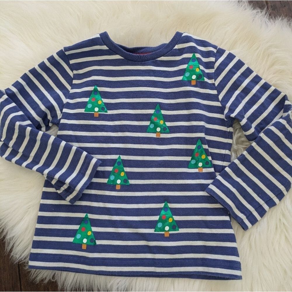 Mini Boden Striped Blue White Foil Christmas Tree Long Sleeve Shirt 4-5y